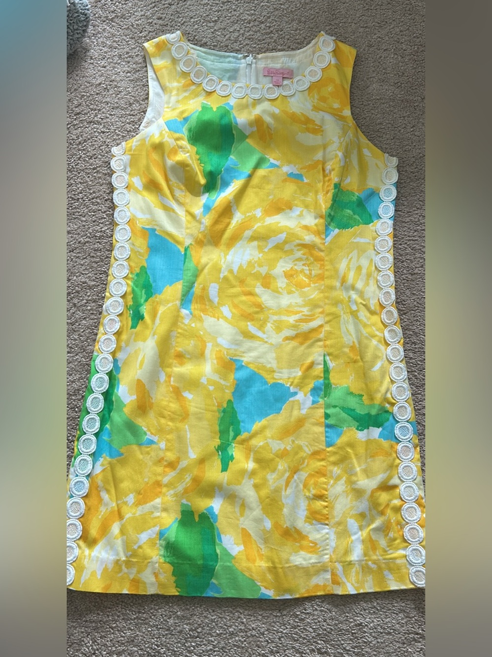Lilly Pulitzer Yellow Floral Sleeveless Shift Dress with White Trim